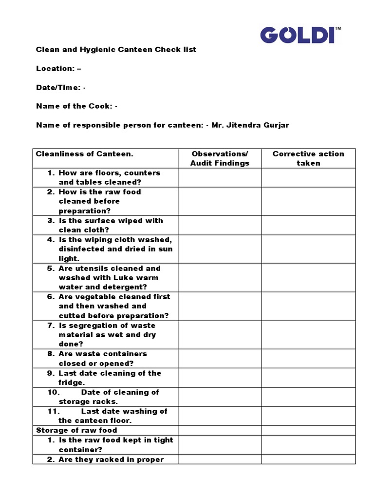 Canteen Audit Check List PDF Hygiene Foods
