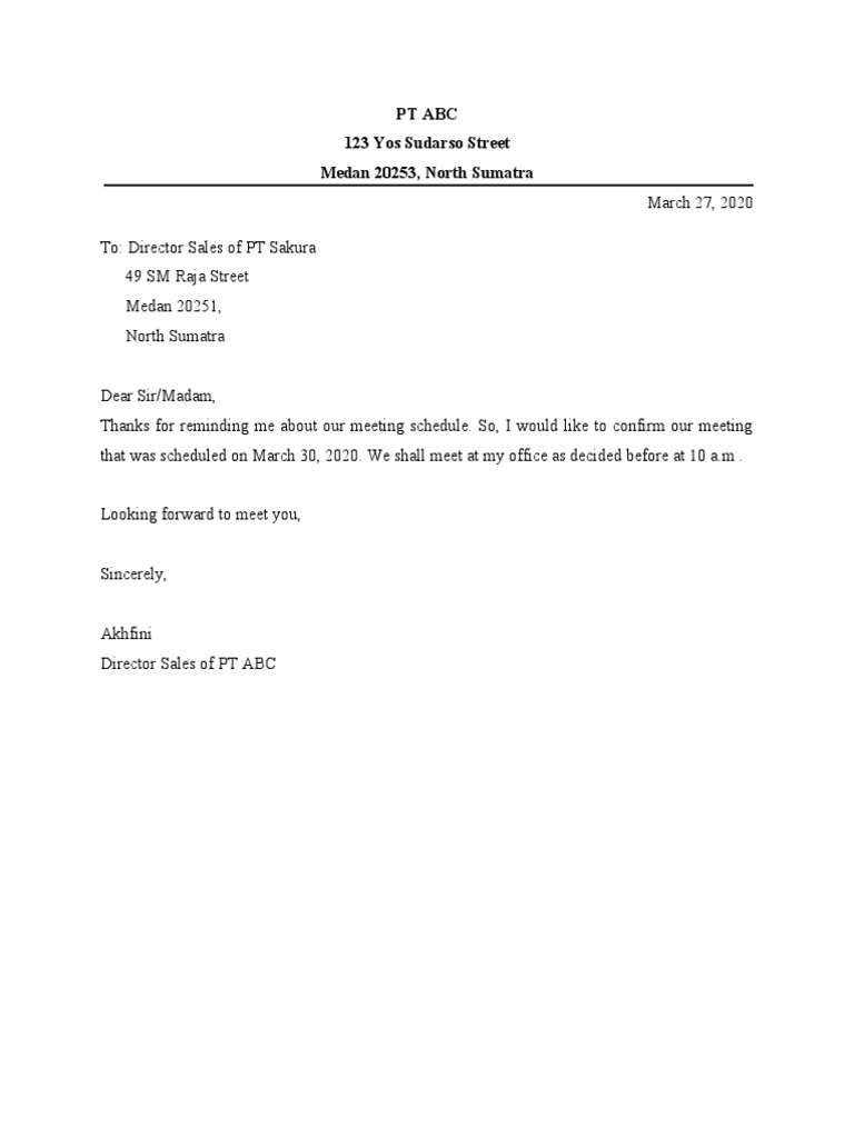 Meeting Confirmation - PT ABC Medan | PDF
