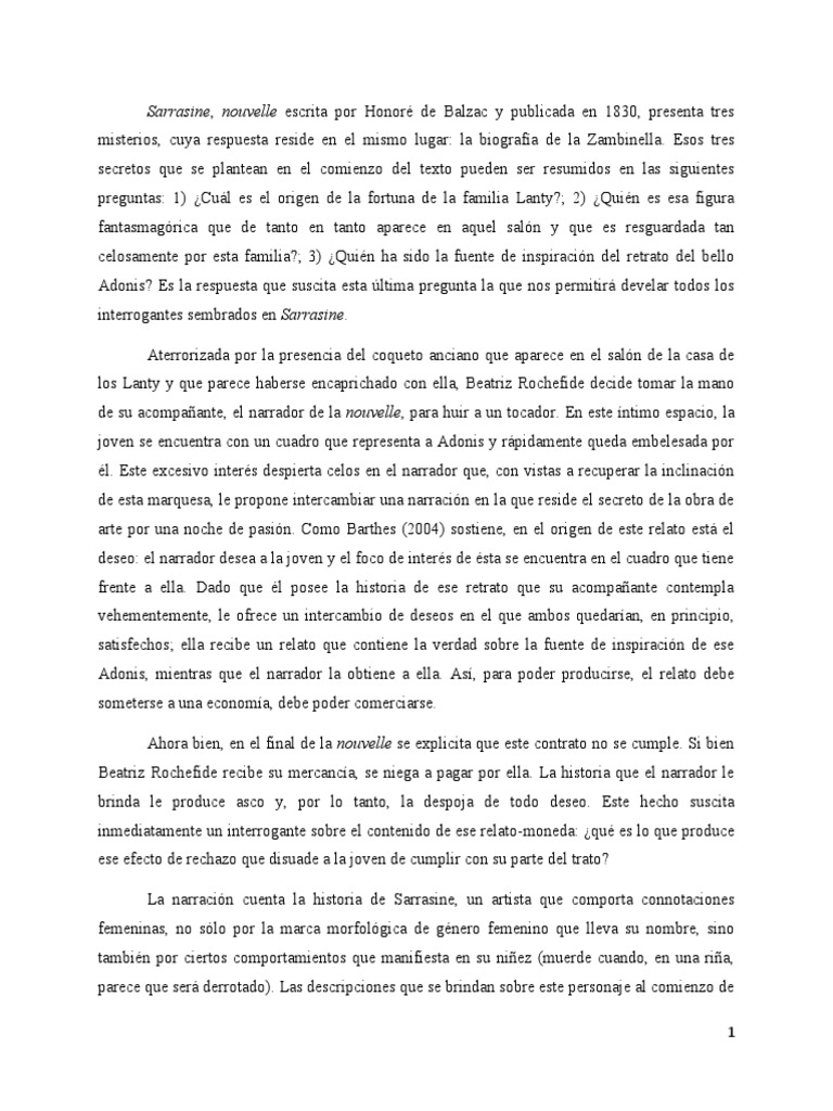 Análisis Literario Sarrasine, Balzac PDF Escultura
