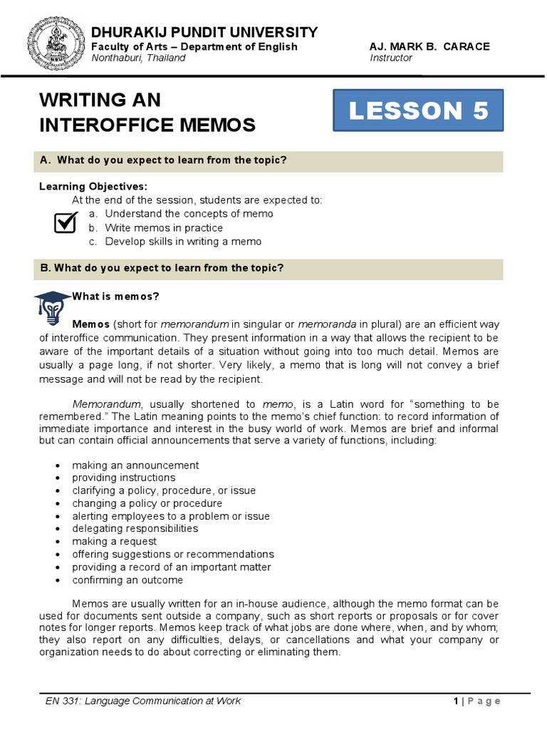 Lesson 5 Writing A Memo PDF Memorandum Communication