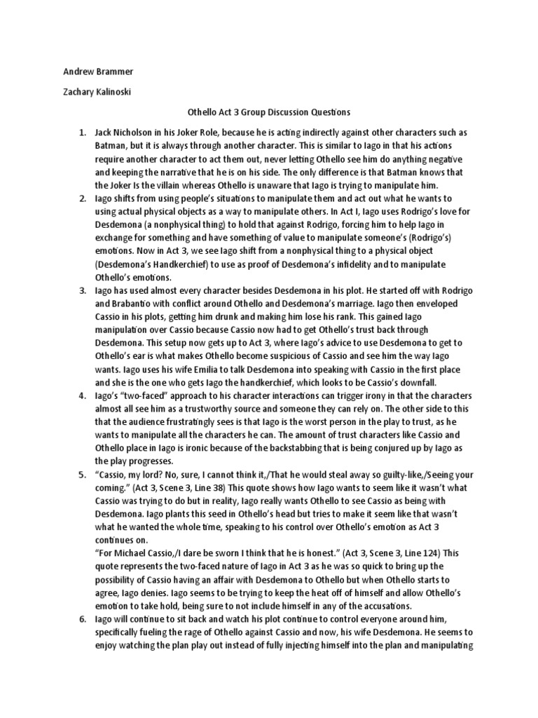 ENGL102 Othello Act 3 Discussion Questions PDF Iago Othello
