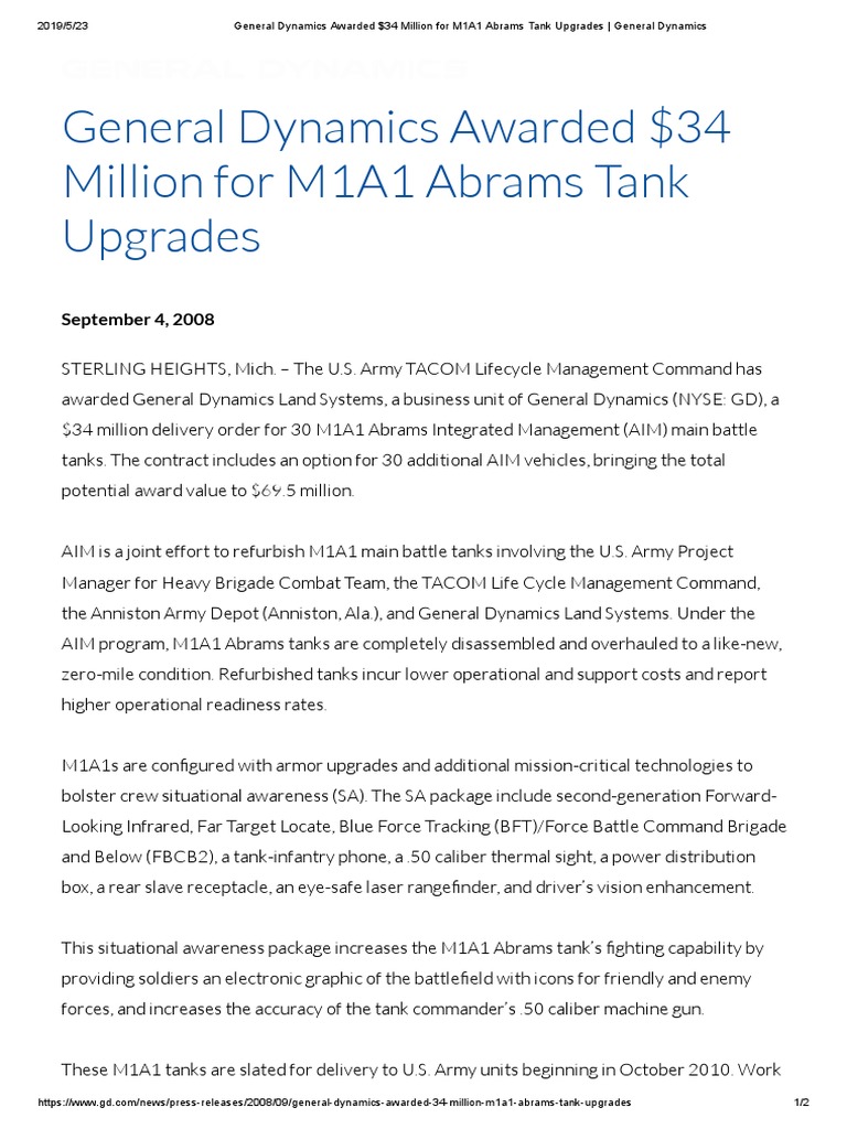 General Dynamics Awarded $34 Million For M1A1 Abrams Tank Upgrades ...