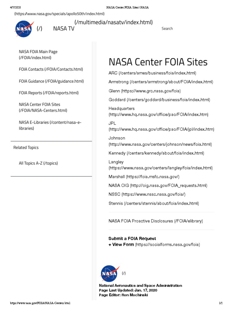 NASA FOIA Center Resources Guide | PDF | Nasa | Freedom Of Information ...