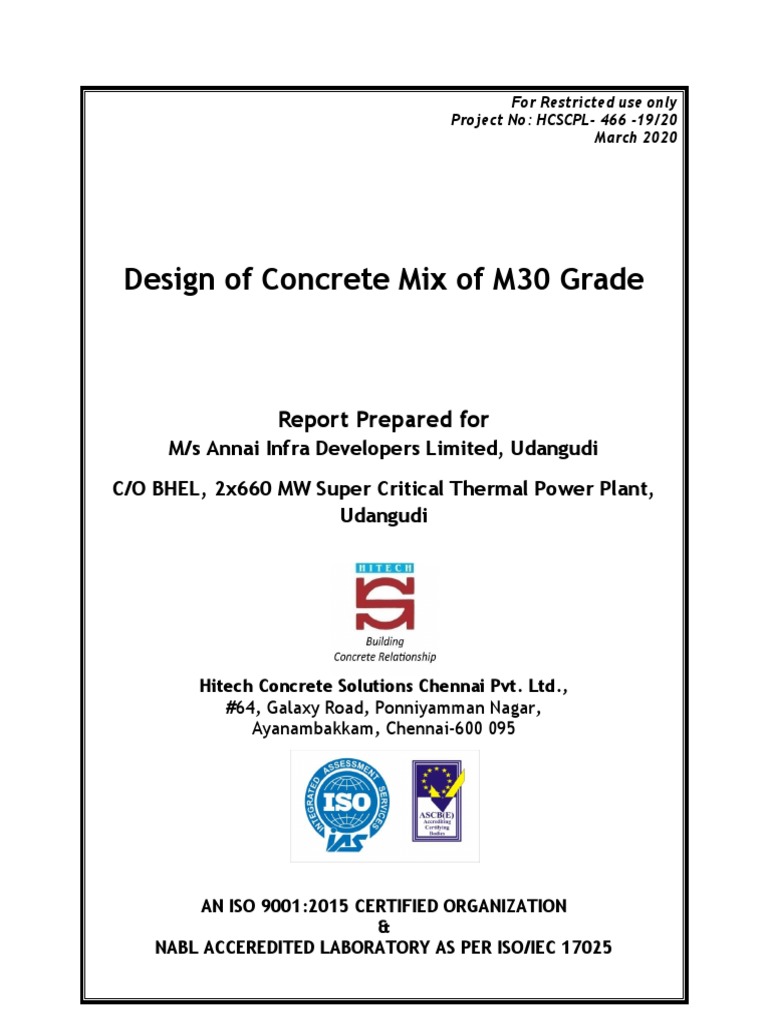 Design of Concrete Mix of M30 Grade Report Prepared For PDF Concrete Building Engineering