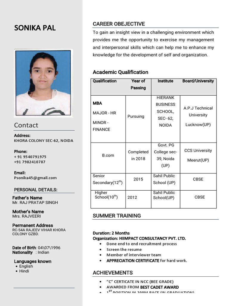 Sonika Pal Resume PDF | PDF