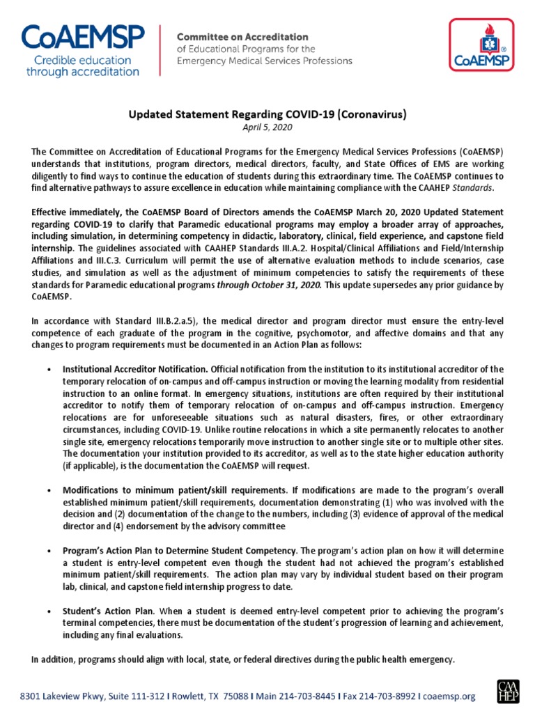 CoAEMSP Updated Statement Regarding COVID19 PDF Emergency Medical