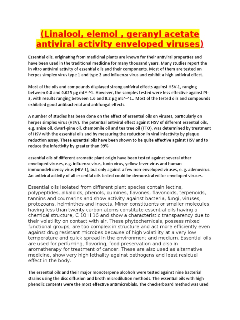 Antiviral Effects of Essential Oils | PDF | Antiviral Drug | Essential Oil
