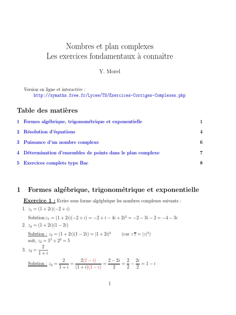 Exercices Corrigés sur les Nombres Complexes | PDF | Nombre complexe ...