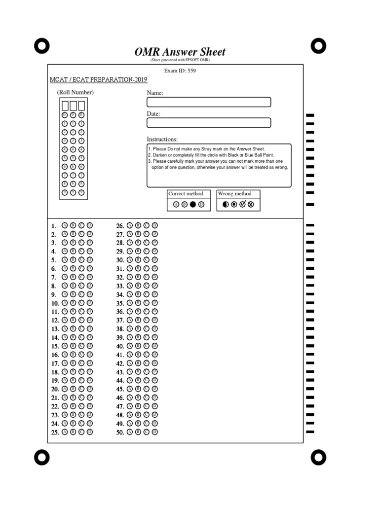 OMR Answer Sheet: Exam ID: 559 | PDF