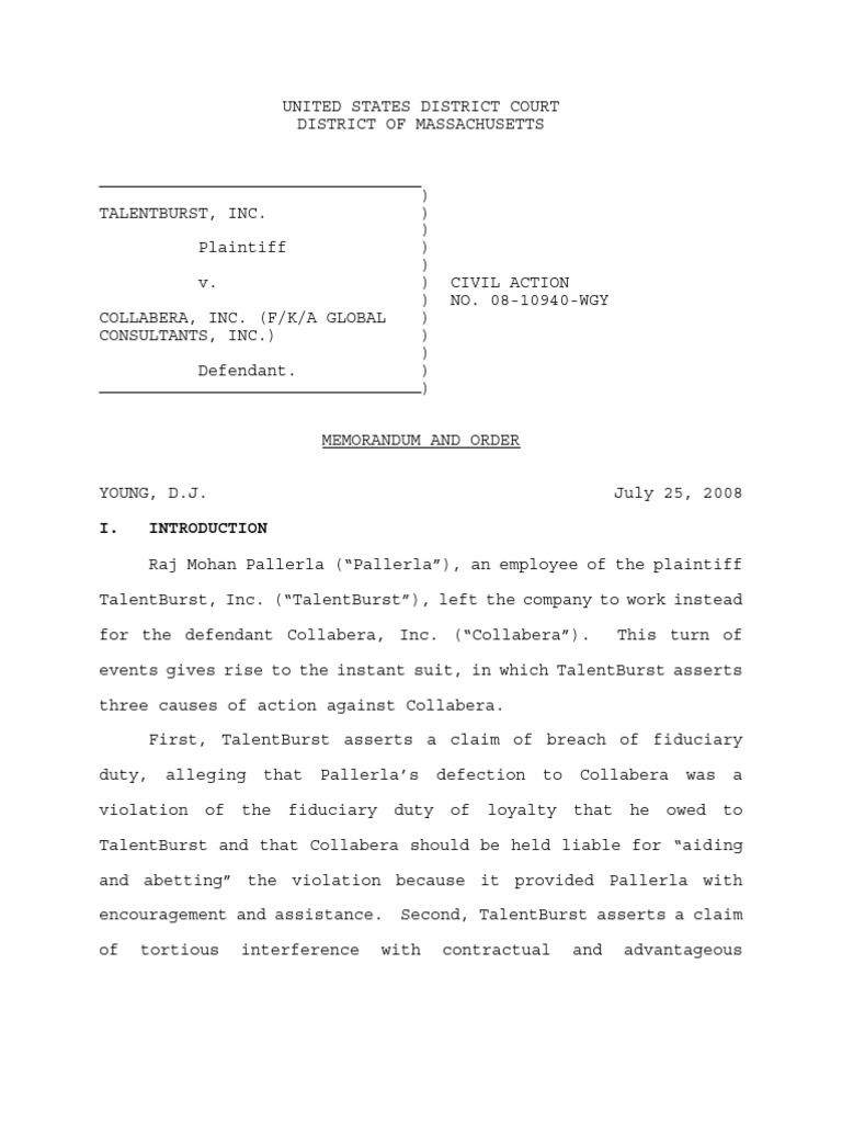 Talentburst V Collabera PDF Fiduciary Tortious Interference