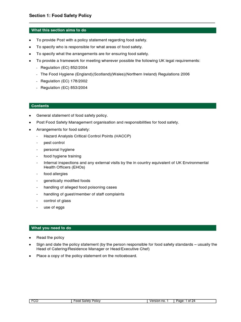 HS 10.2.1 Section 1 Food Safety Policy PDF | PDF | Food Safety | Allergy
