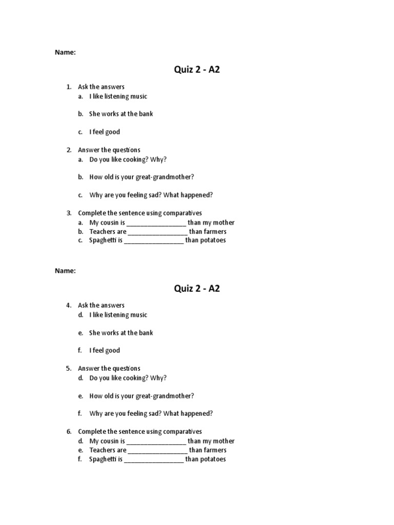 A2 English Quiz: Questions & Comparatives | PDF