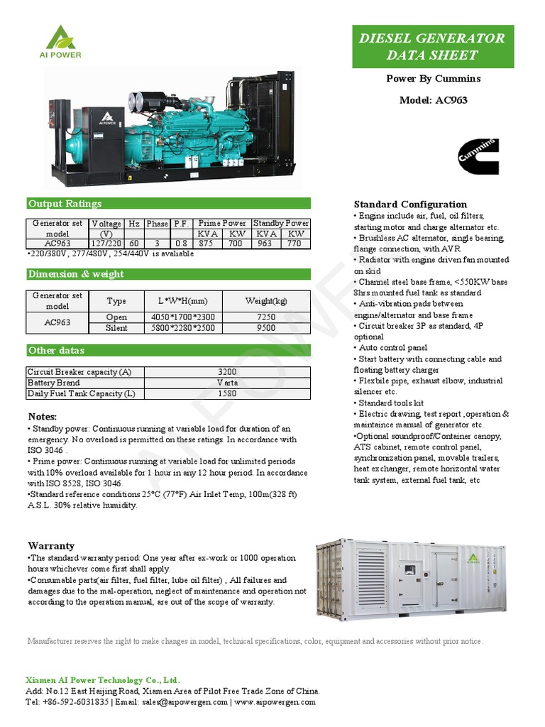 AI Power Diesel Generator Data Sheet Engines Electric Generator