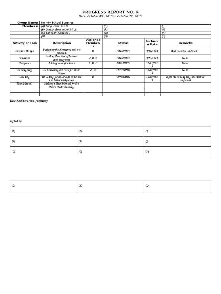 Progress Report No. 4: Group Name: Reindy School Supplies Members: (A ...