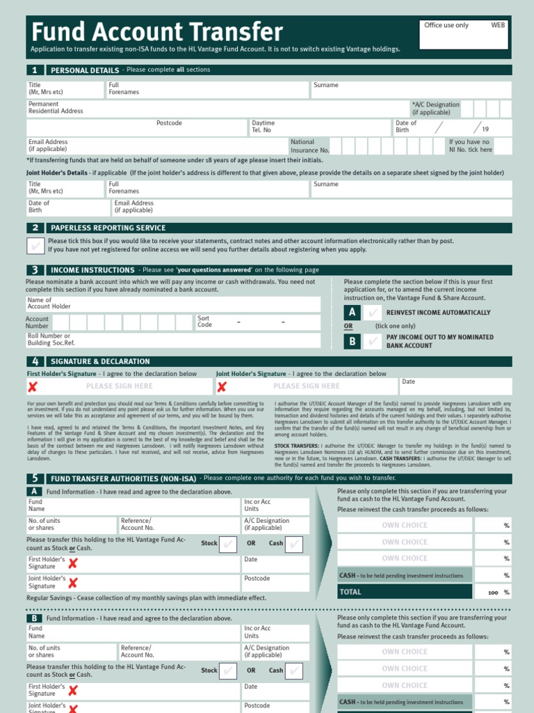Hargreaves Lansdown Fund Account Transfer Form Financial Services Money Free 30day