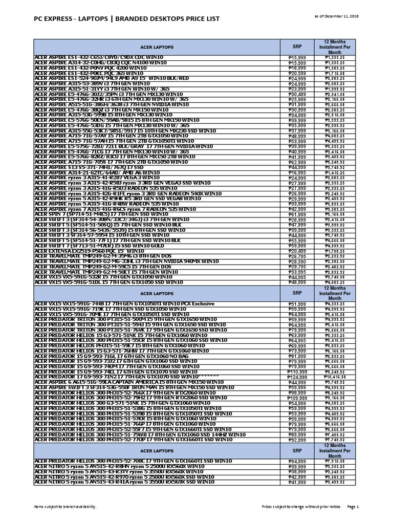 Acer Laptop and Predator Gaming Laptop Price List with Monthly ...