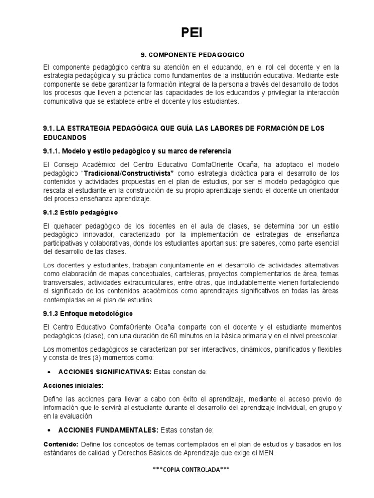 Componente Pedagógico en el PEI | PDF | Plan de estudios | Educación de ...