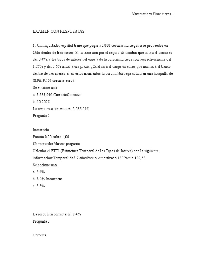 Examen Resuelto de Matemáticas Financieras | PDF | Tasas de interés ...