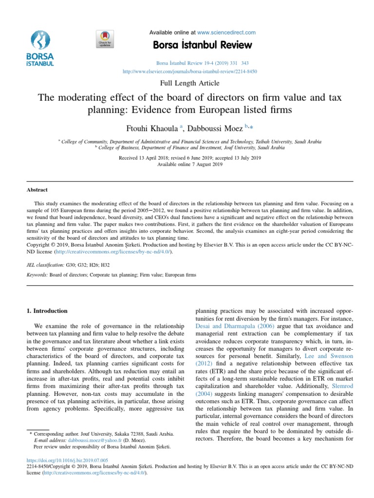 The Moderating Effect of The Board of Directors On Firm Value and Tax ...