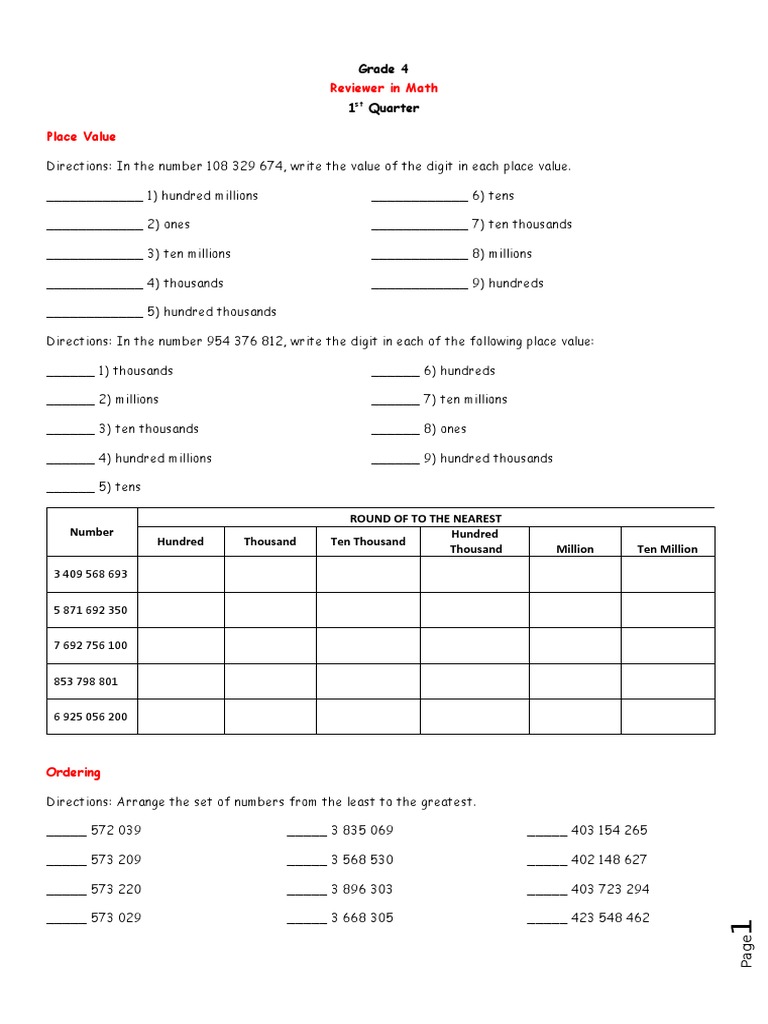 Grade 4 1 Quarter: Reviewer in Math | PDF | Numbers | Algebra