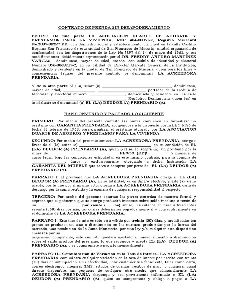 Modelo de Contrato de Prenda Sin Desapoderamiento | PDF | Pagos ...