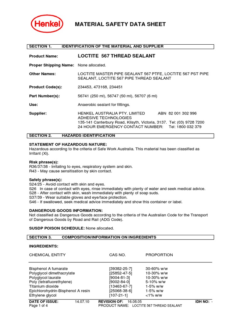 MSDS 741807 Sealant Pipe Loctite 567 56741 250ML PDF PDF Poison