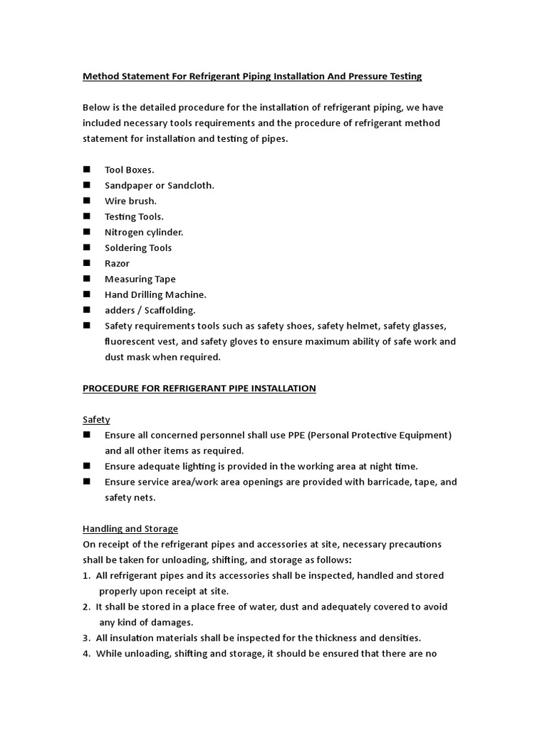 Method Statement For Refrigerant Piping Installation and Pressure