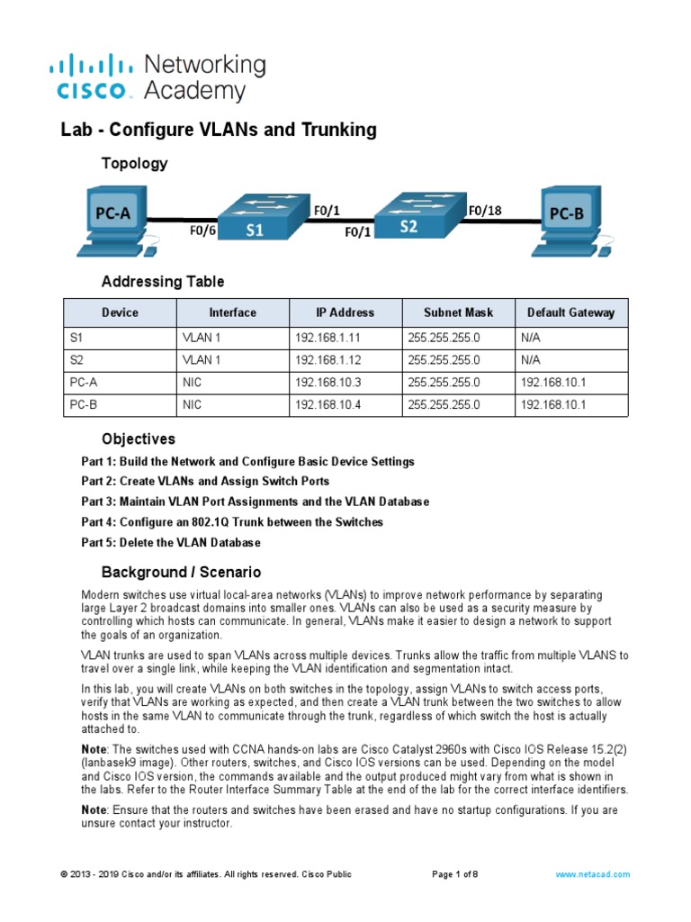 3.4.6 Lab - Configure VLANs and Trunking.docx | Network Switch