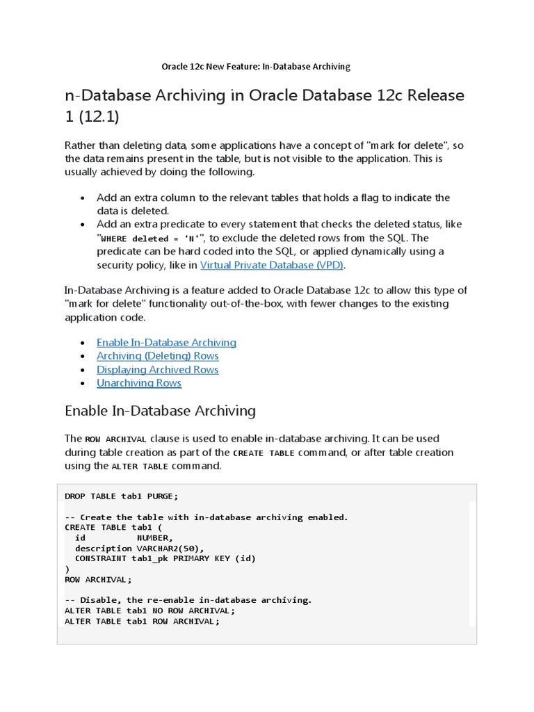 Oracle 12c New Feature In Database Archiving Table Database Information Science