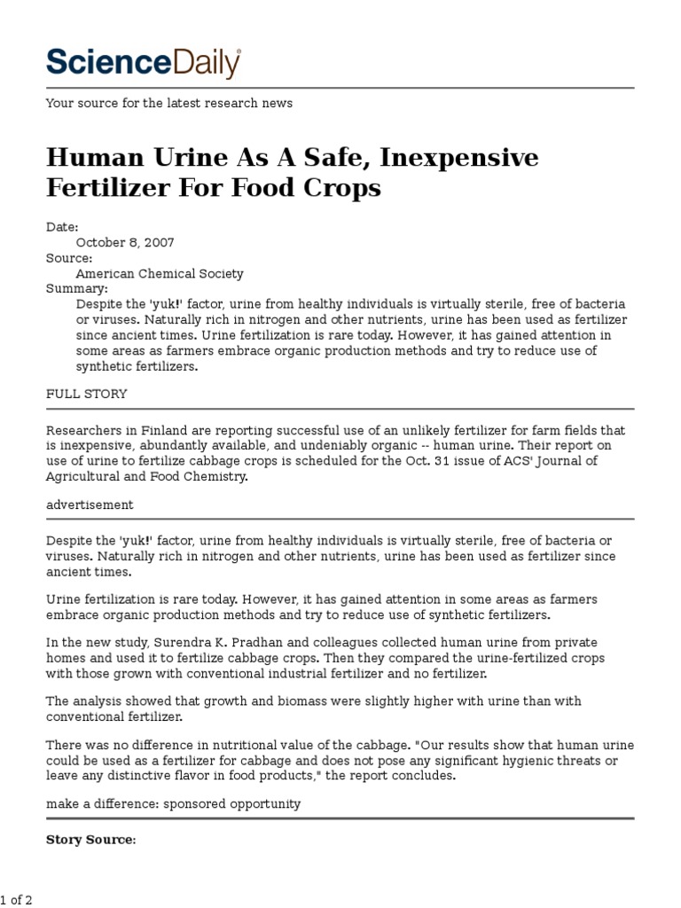 Human Urine As A Safe Inexpensive Fertilizer For Food Crops PDF