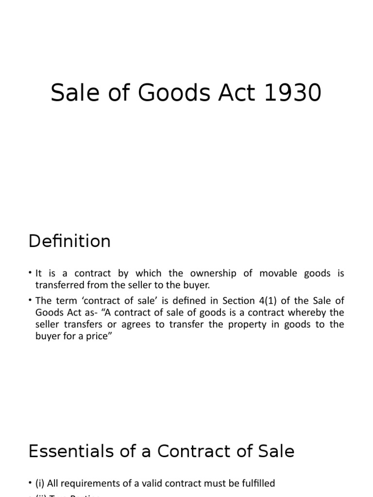 Sale of Goods Act 1930 PDF Private Law Business Law