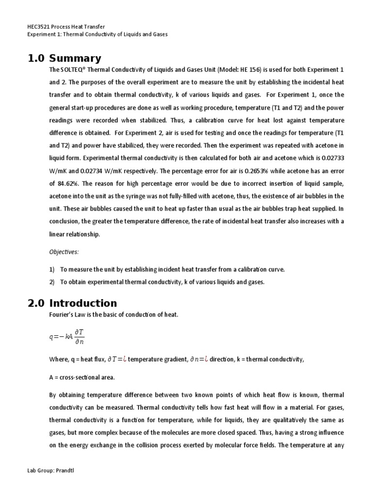 1.0 Summary: HEC3521 Process Heat Transfer Experiment 1: Thermal ...