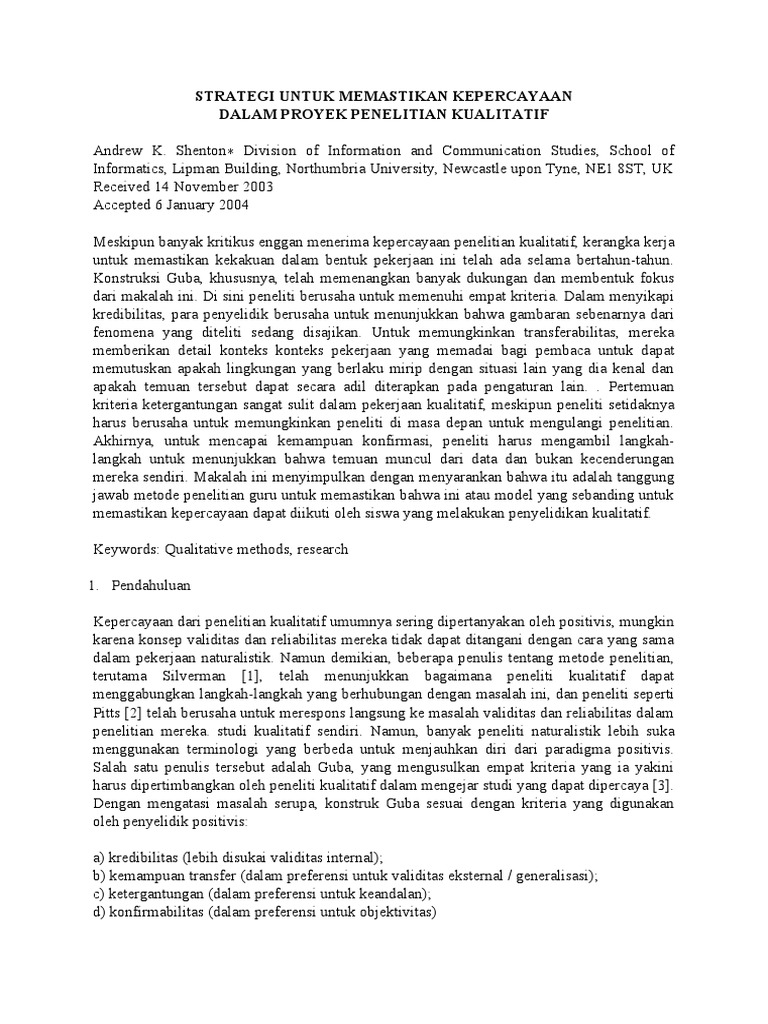 Strategi Untuk Memastikan Kepercayaan Dalam Proyek Penelitian Kualitatif Pdf