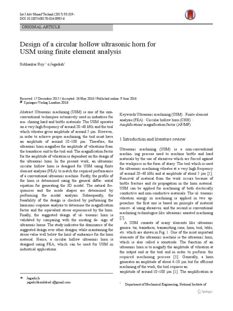 Design of A Circular Hollow Ultrasonic Horn For USM Using Finite ...