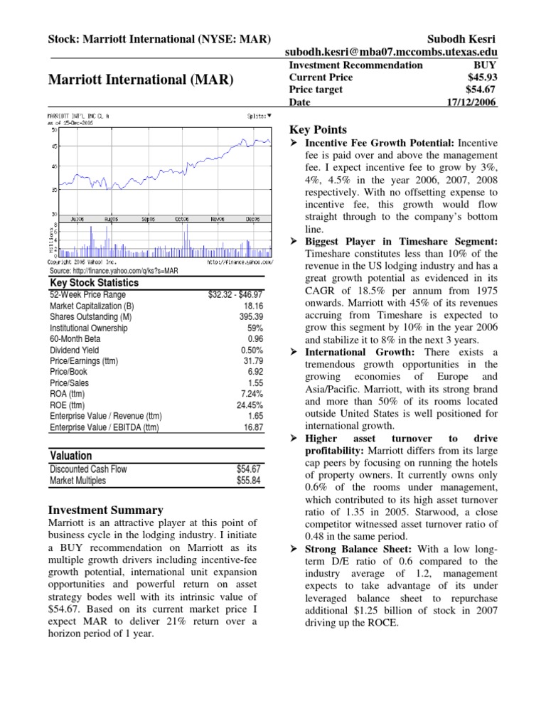 Marriott International Stock Analysis | PDF | Discounted Cash Flow ...
