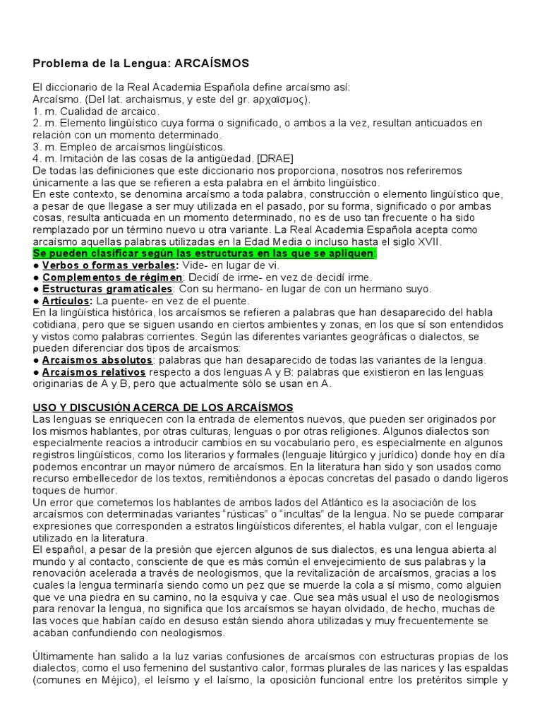 Los arcaísmos en la lengua española: definición, tipos y uso | PDF ...