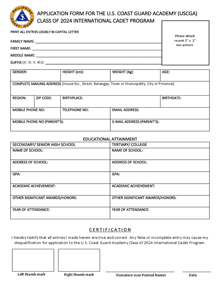 Application Form For The U.S. Coast Guard Academy (Uscga) Class of 2024