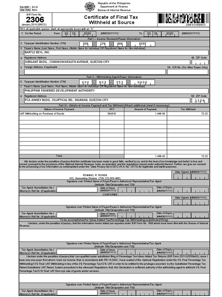 BIR Form 2306 for Bartle Beyl, Inc. | PDF | Withholding Tax | Payments