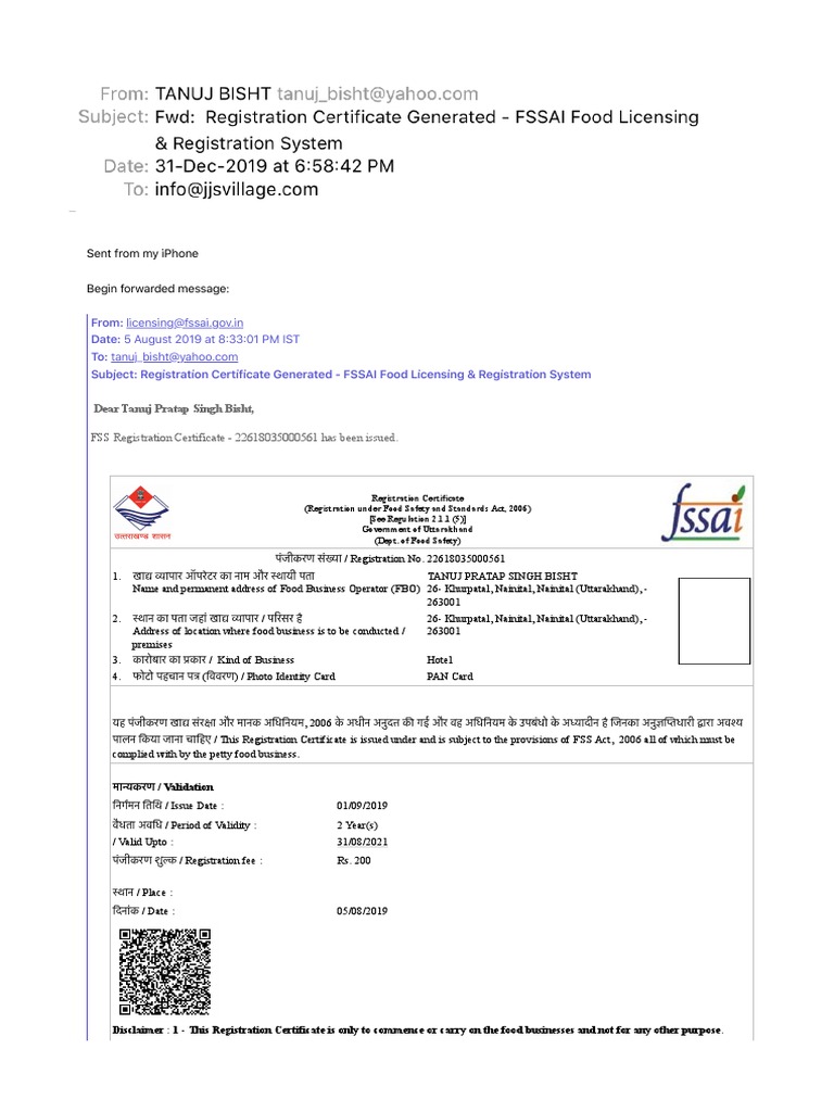 FWD Registration Certificate Generated FSSAI Food Licensing