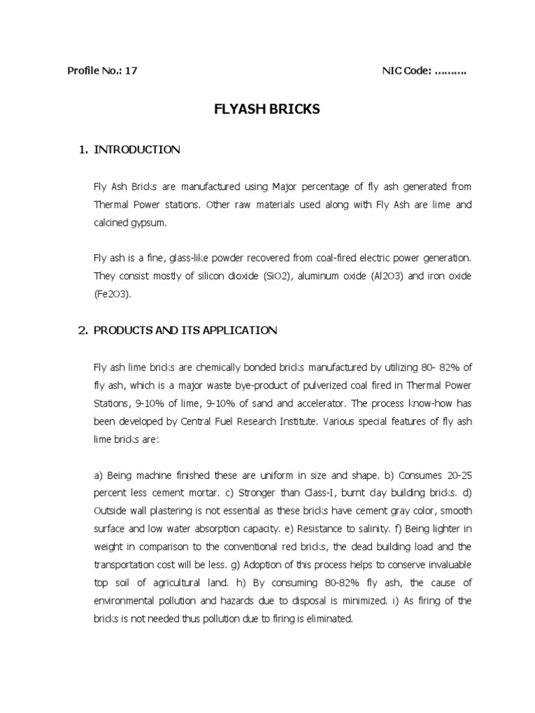 Flyash Bricks: Profile No.: 17 NIC Code | PDF | Fly Ash | Lime (Material)