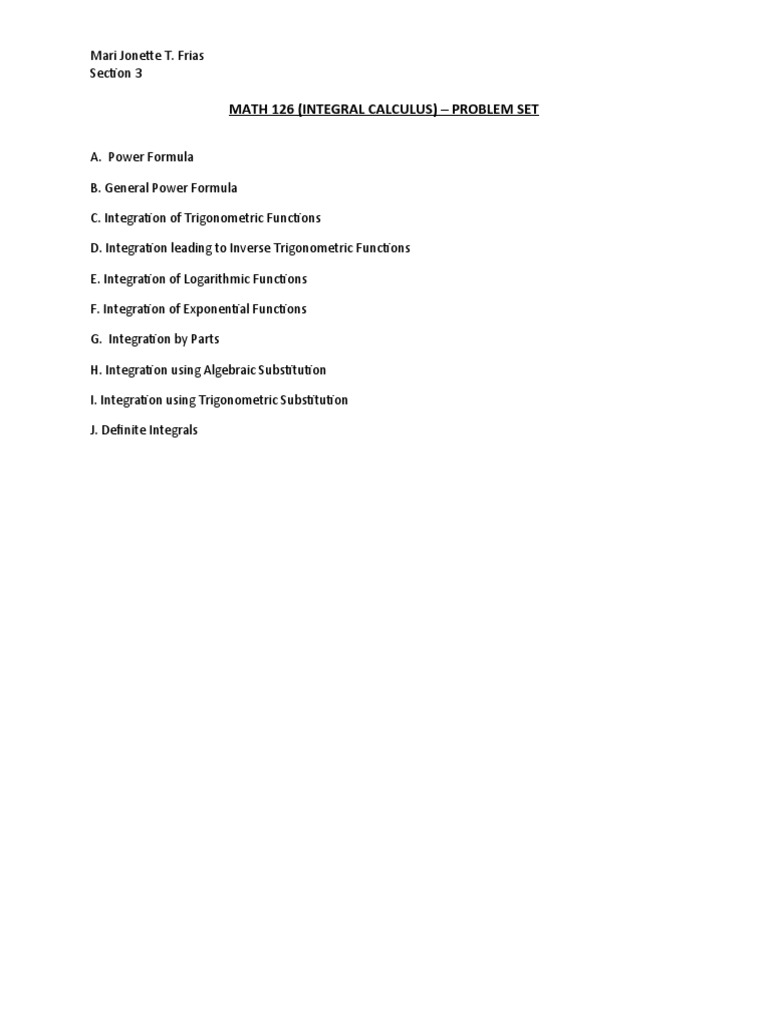MATH 126 Integral Calculus Problem Set | PDF