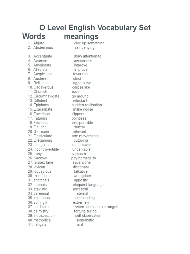 O Level English Vocabulary Set PDF