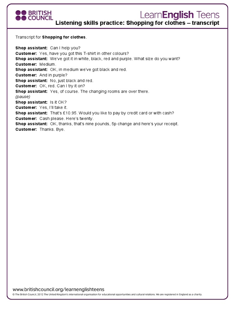 Clothes Shopping Dialogue Transcript | PDF
