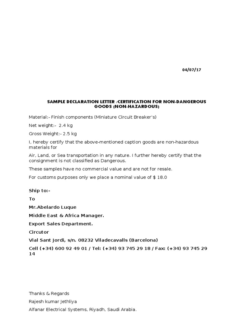 Non-Hazardous Goods Declaration Sample | PDF | Science & Mathematics