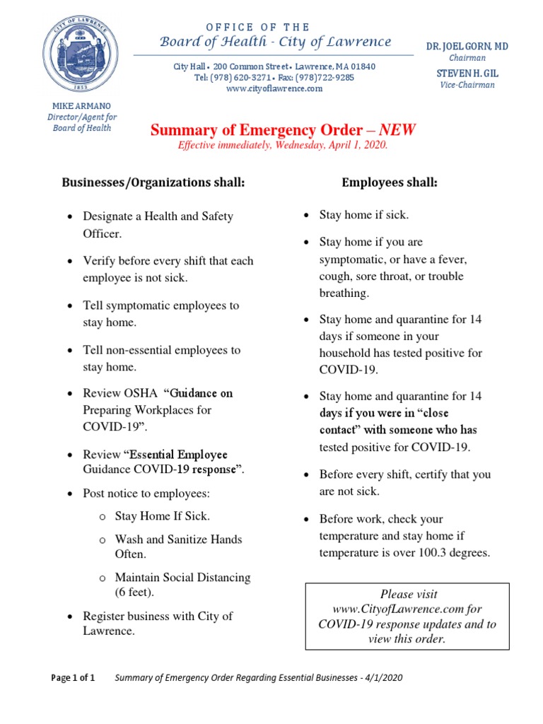 COVID-19 - Summary Business Emergency Order Letter - Lawrence BOH | PDF ...