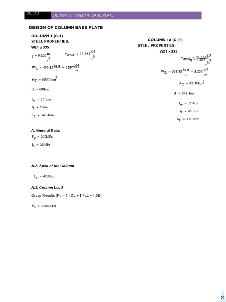 Design of Column Base Plate: COLUMN 1 (C-1) COLUMN 1a (C-1') | PDF ...