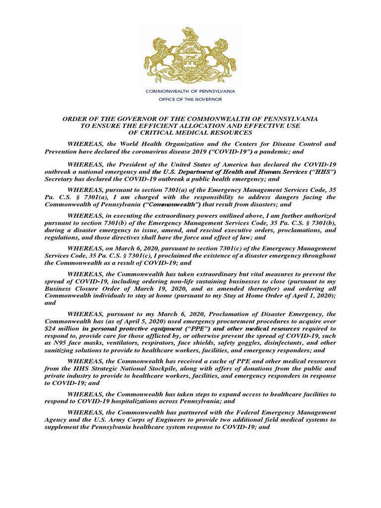 Pennsylvania COVID-19 Medical Resource Order | PDF | Emergency ...