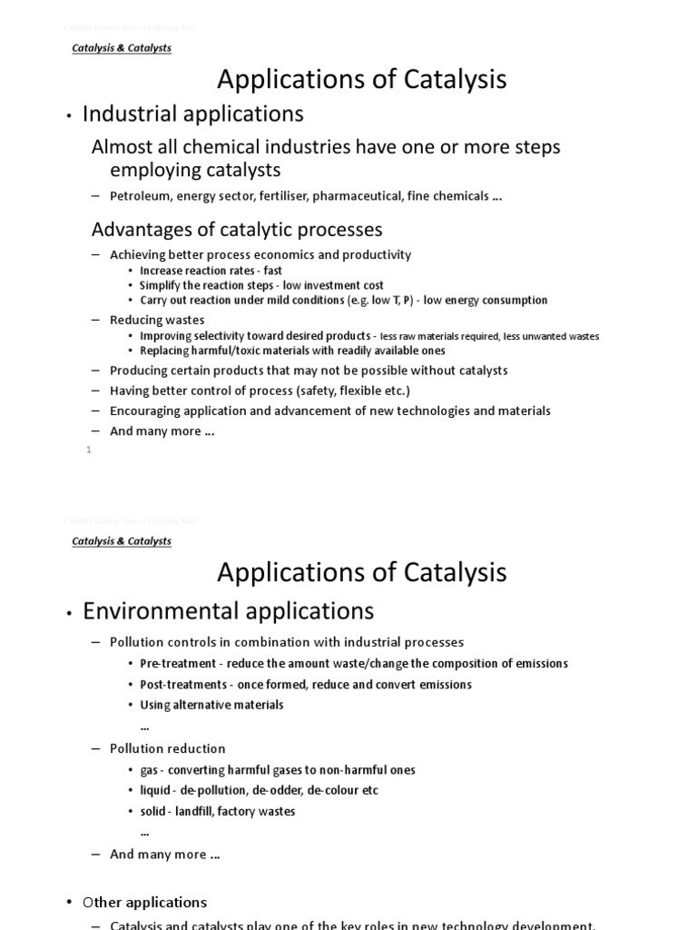 Applications of Catalysis PDF Catalysis Chemical Reactor