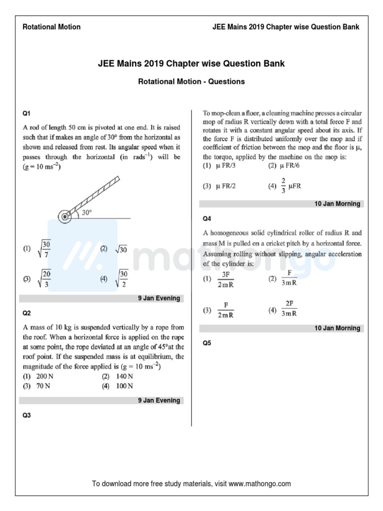 JEE Mains 2019 Rotational Motion Questions PDF
