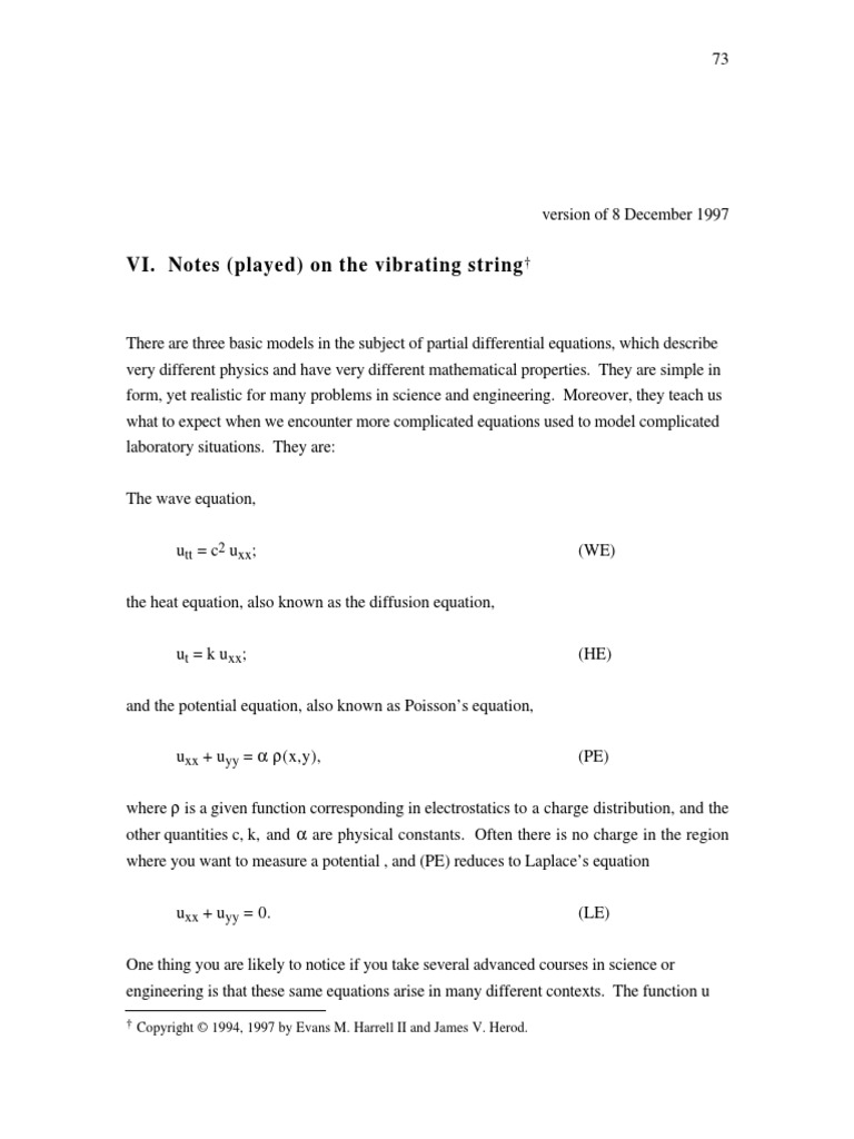 VI. Notes (Played) On The Vibrating String PDF Wave Equation